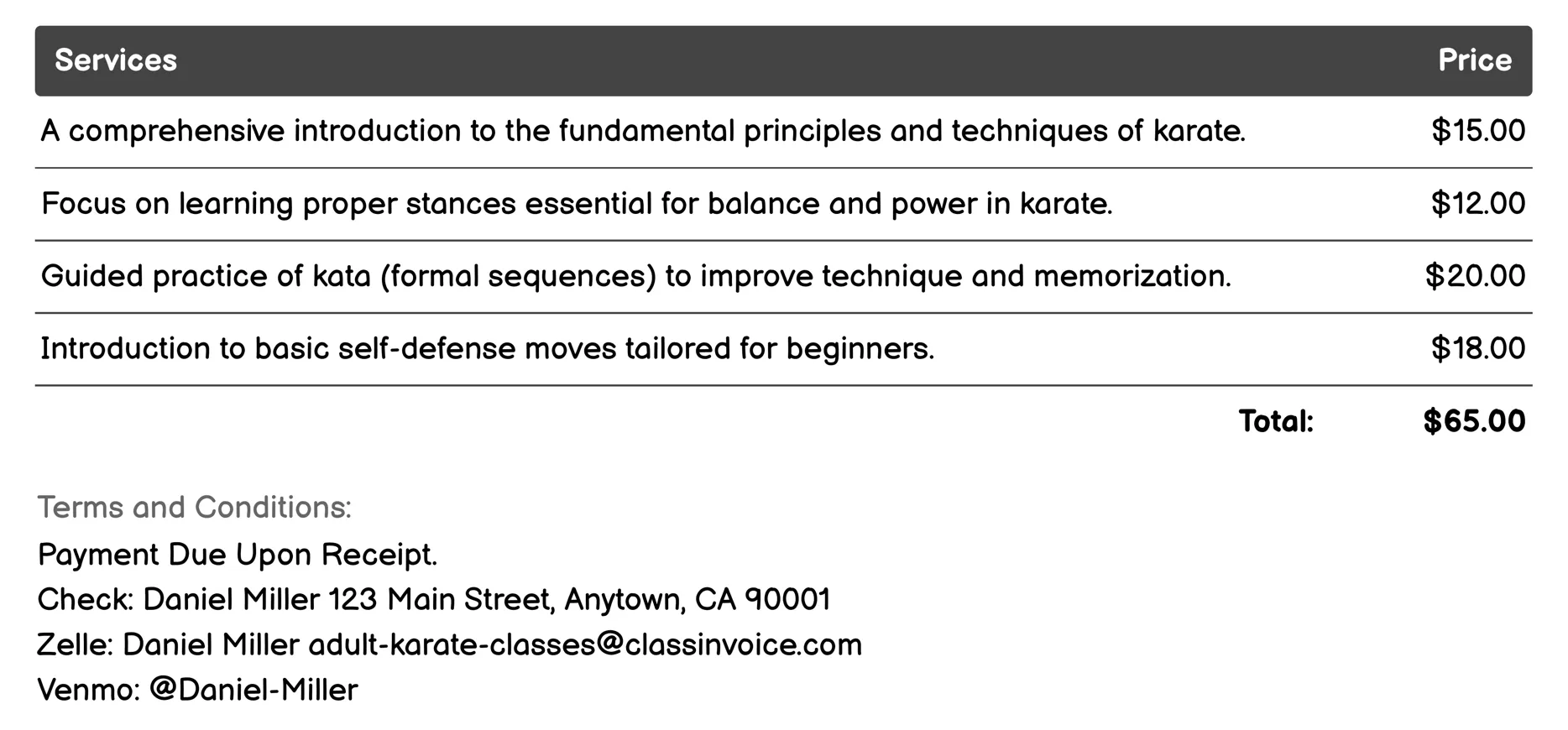 Beginner Karate Invoice Example