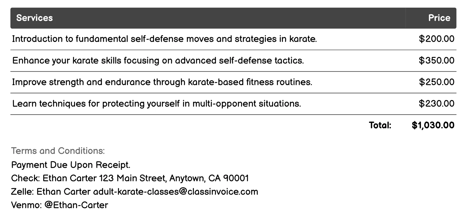 Self-Defense Training Invoice Example