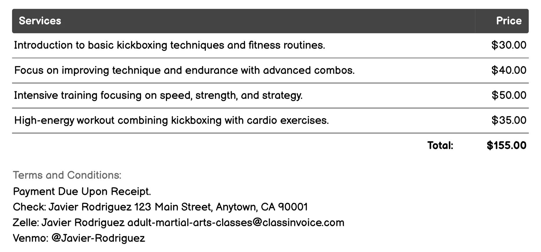 Kickboxing Invoice Example