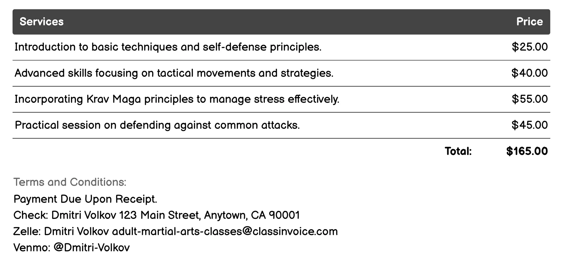 Krav Maga Invoice Example