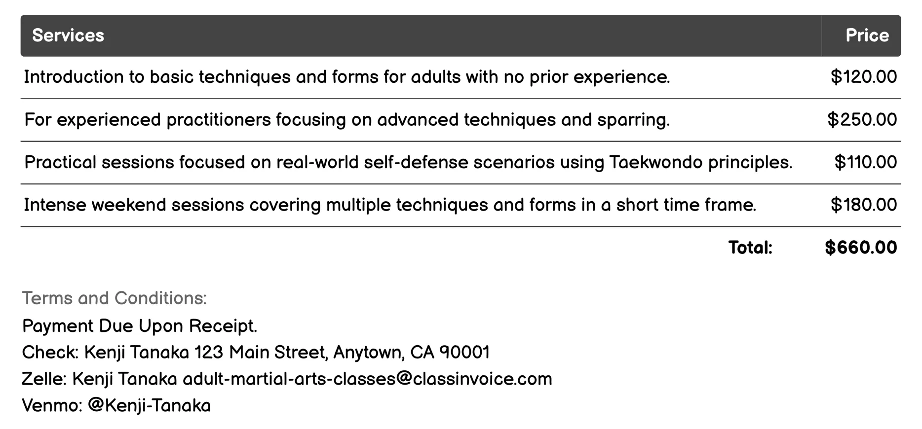 Taekwondo Invoice Example