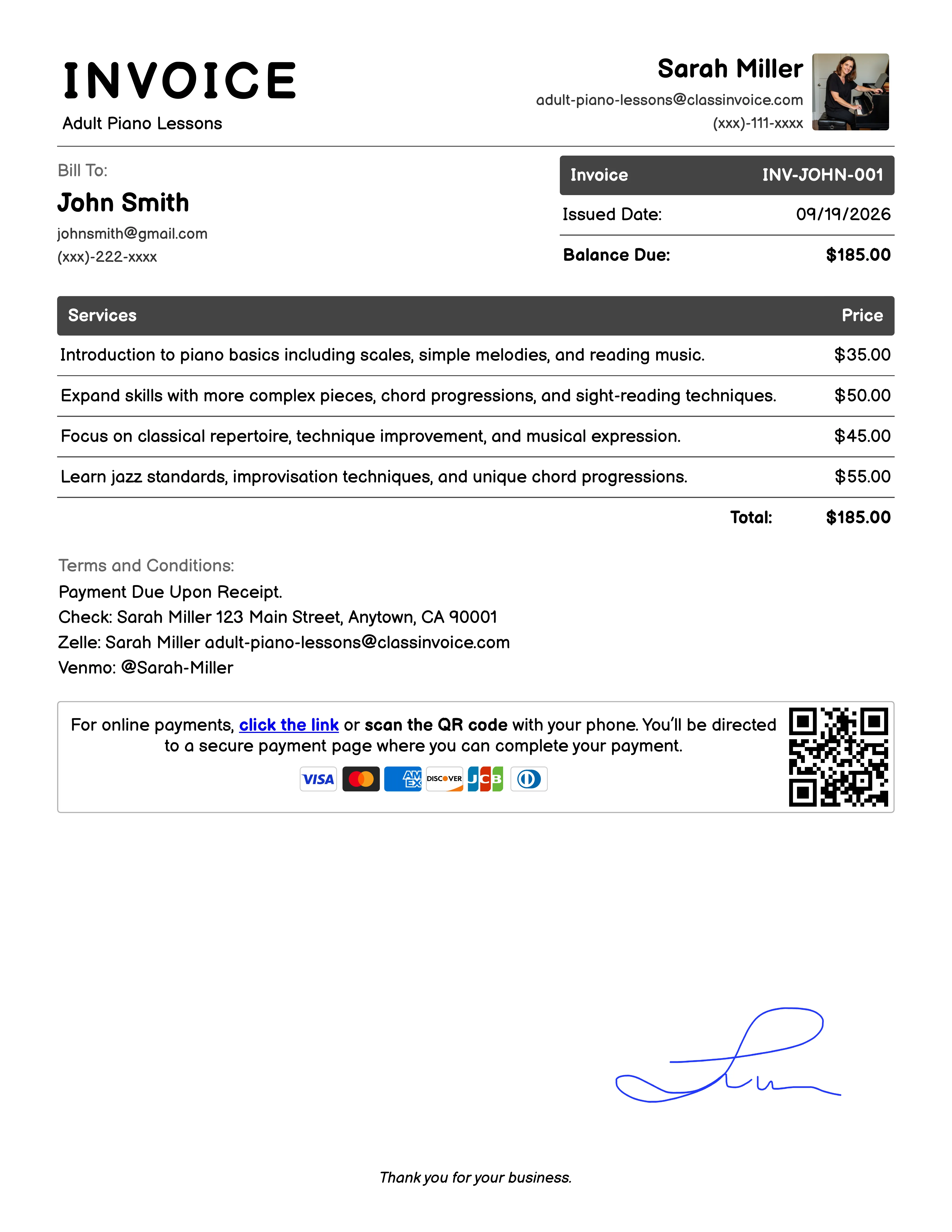 Adult Piano Lessons Invoice Exampl