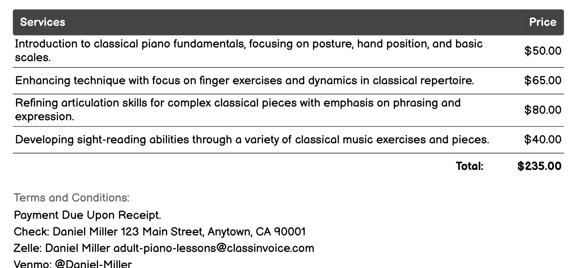 Classical Piano Instruction Invoice Example