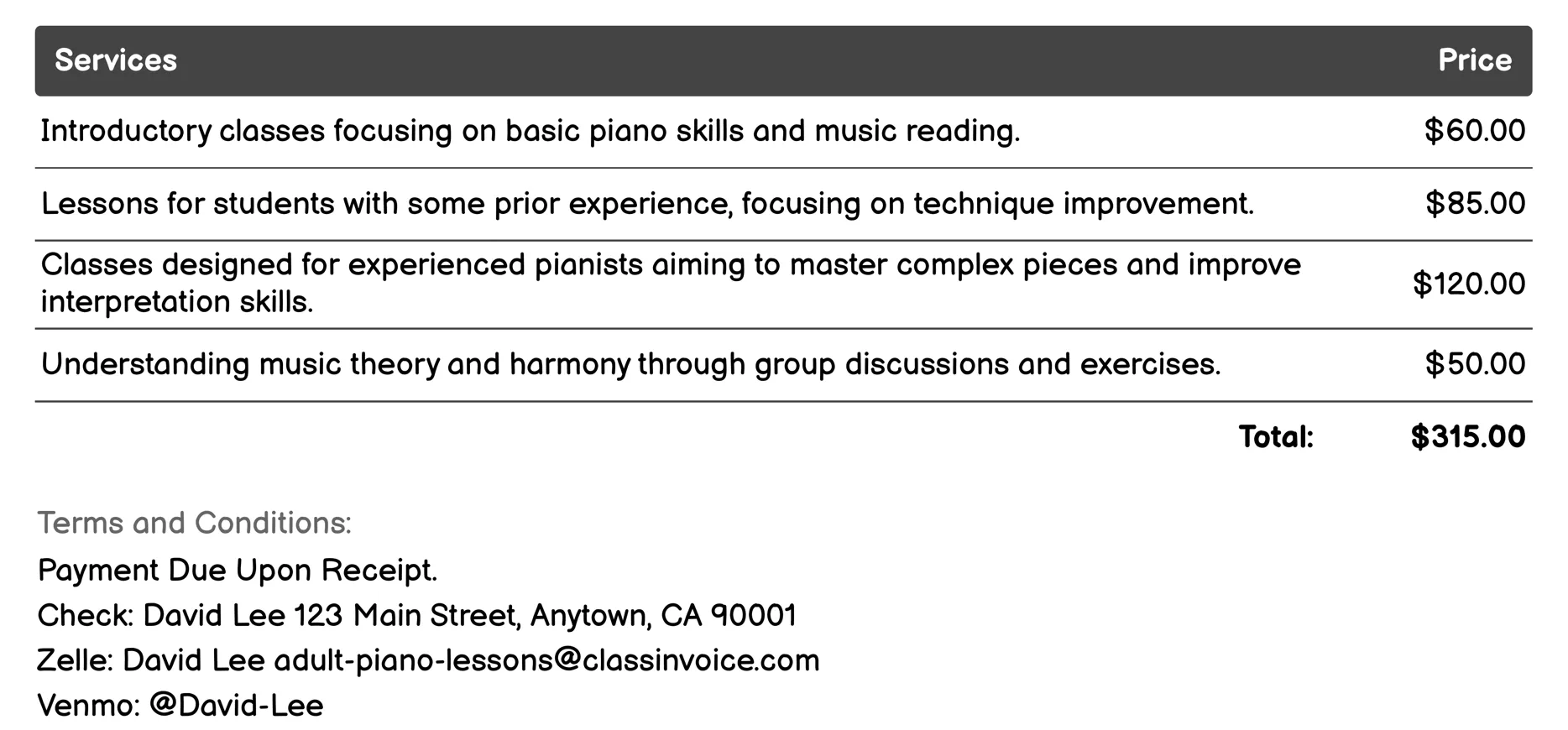 Group Piano Classes Invoice Example