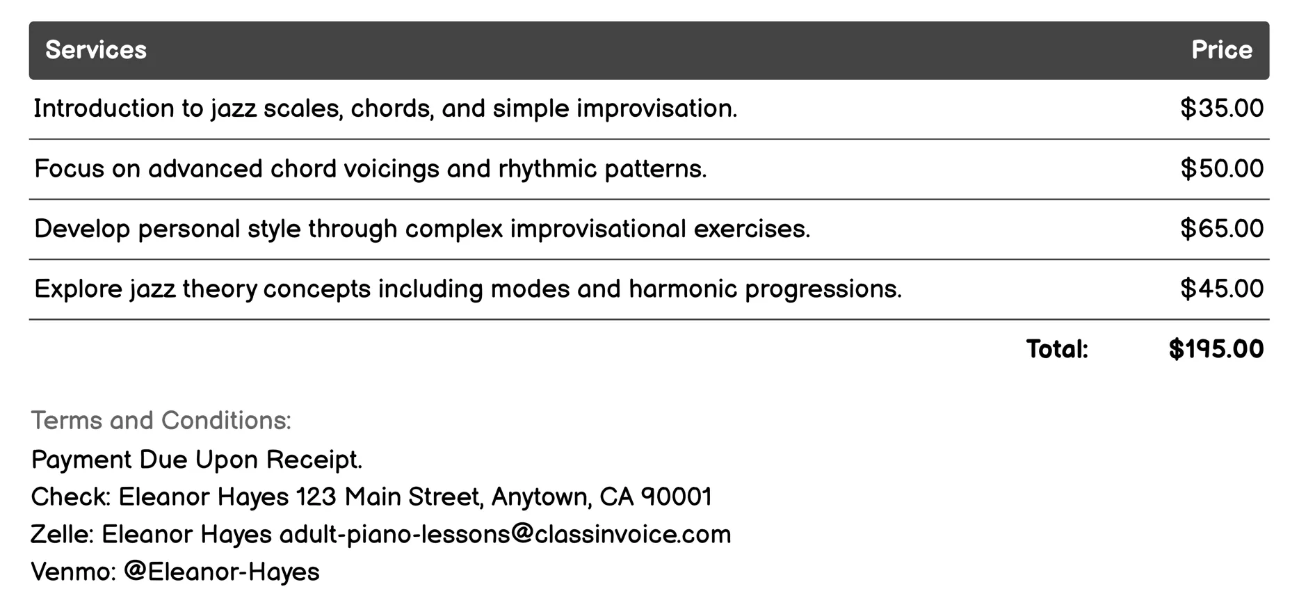 Jazz Piano Lessons Invoice Example