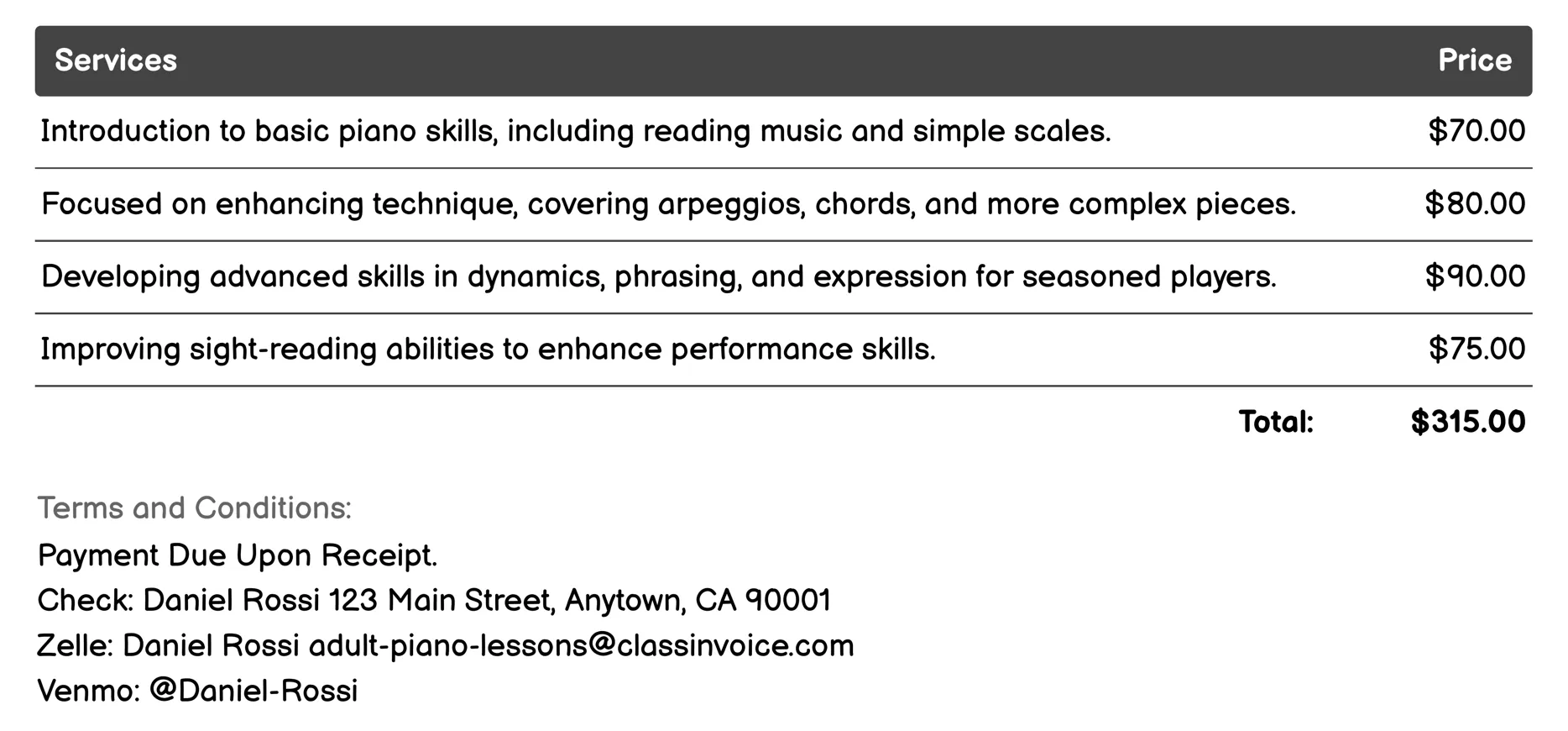 Online Piano Courses Invoice Example