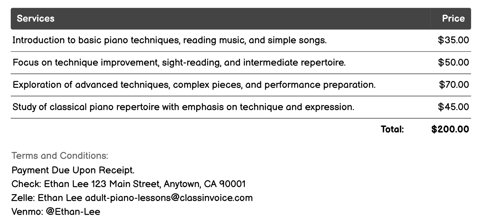 Private Piano Lessons Invoice Example