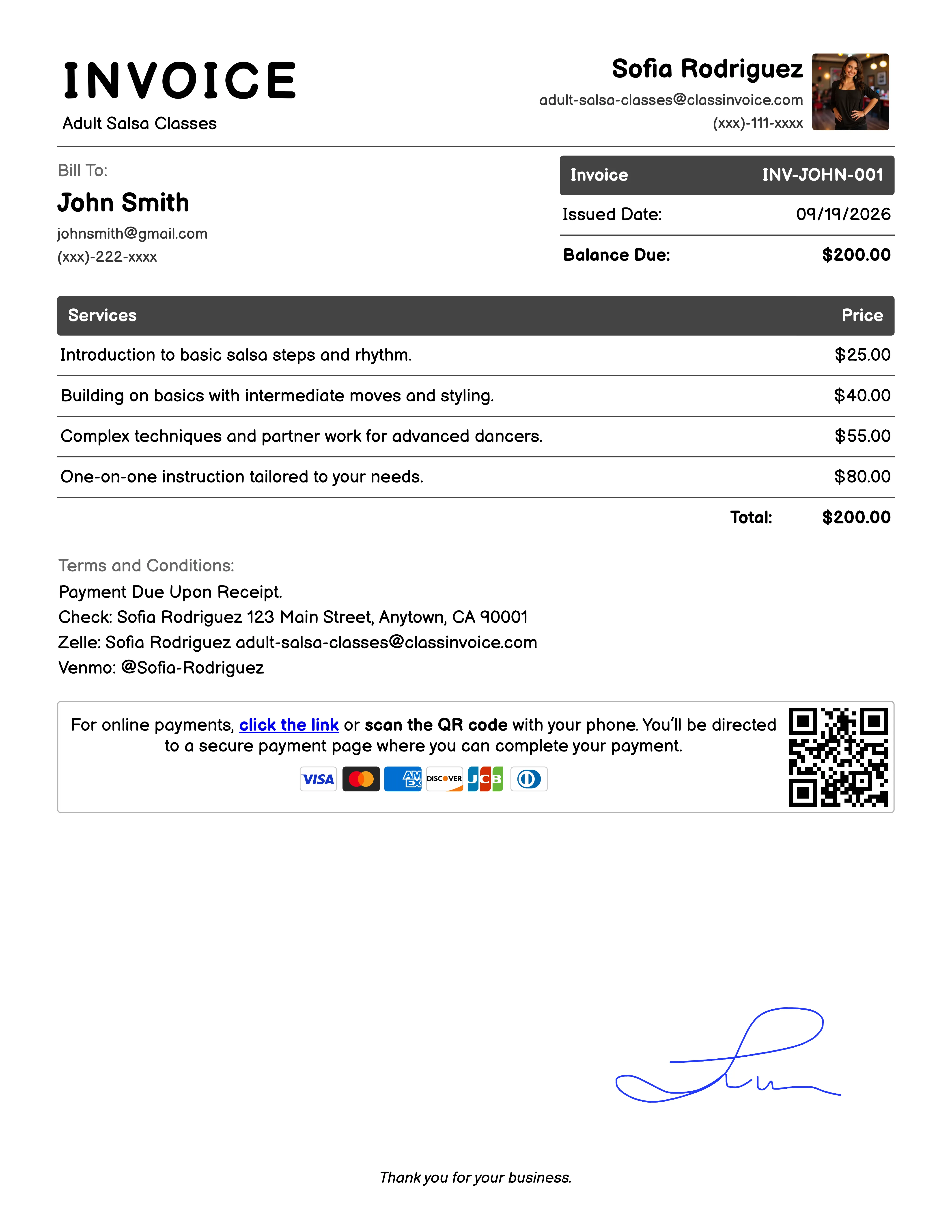 Adult Salsa Classes Invoice Exampl