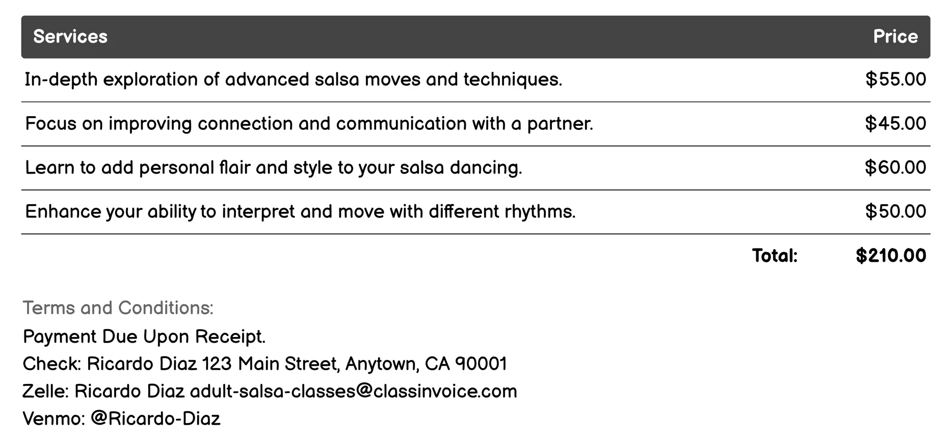 Advanced Salsa Classes Invoice Example