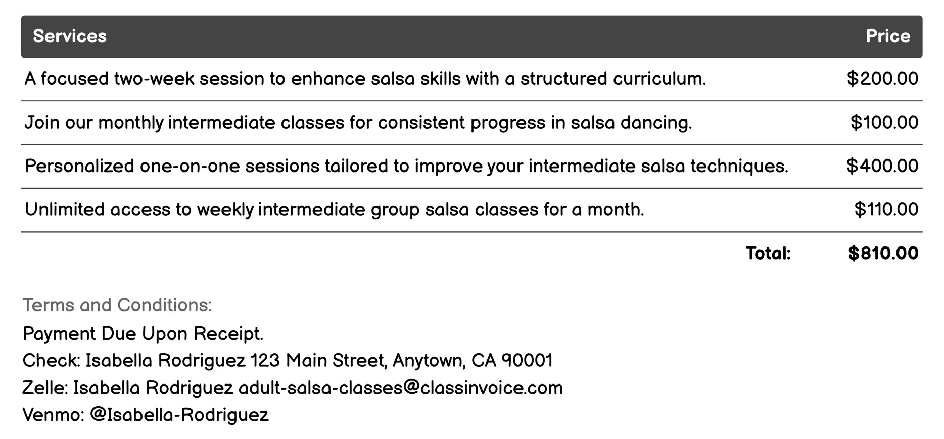 Intermediate Salsa Classes Invoice Example