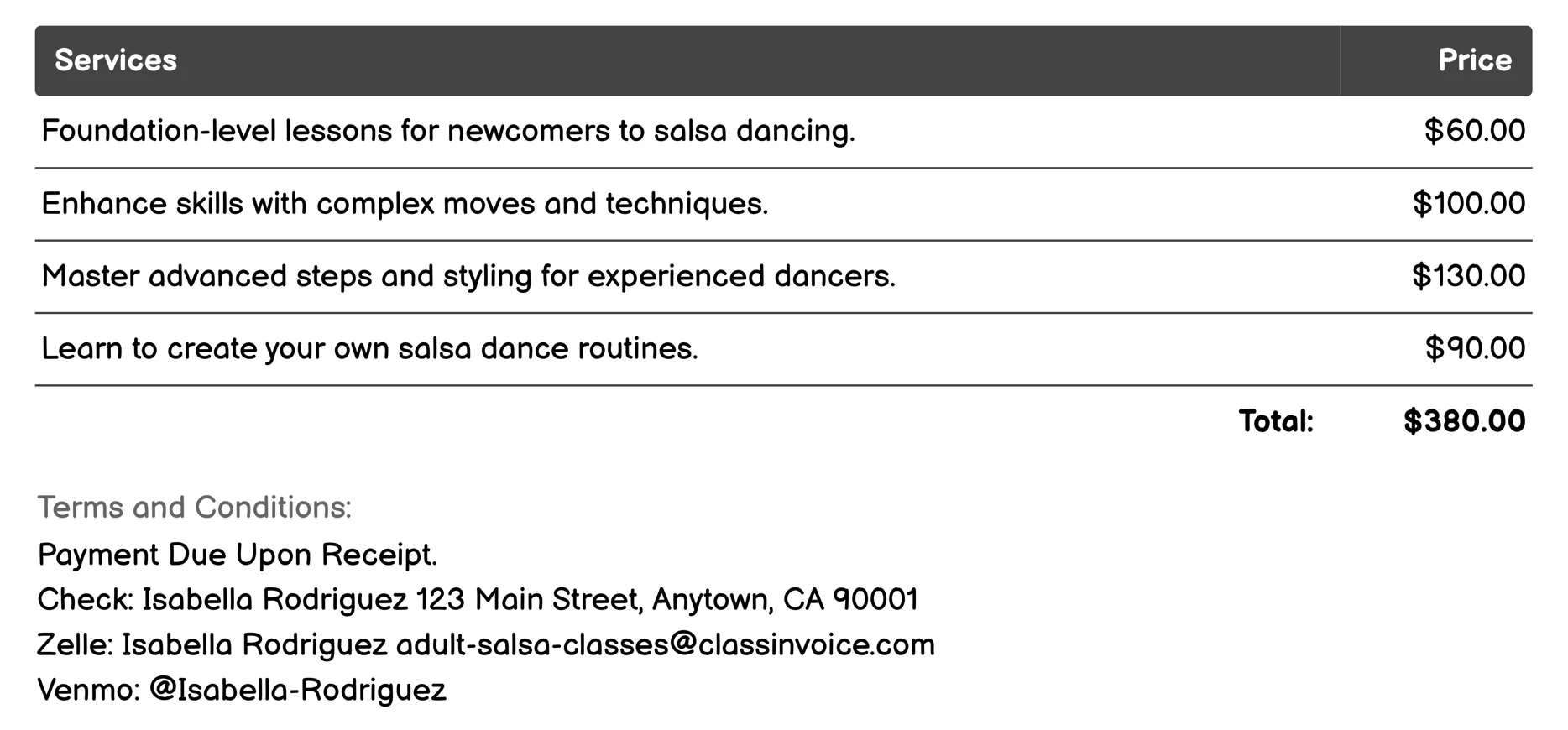 Online Salsa Instruction Invoice Example