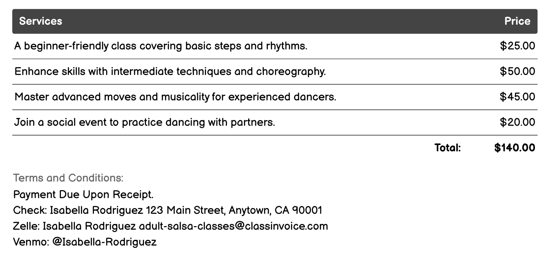 Salsa Fusion Classes Invoice Example