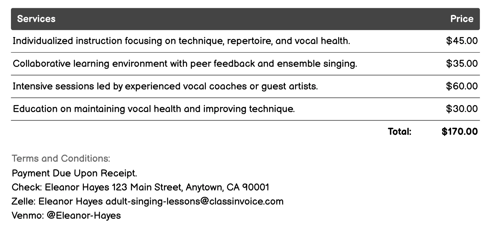 Classical Voice Training Invoice Example