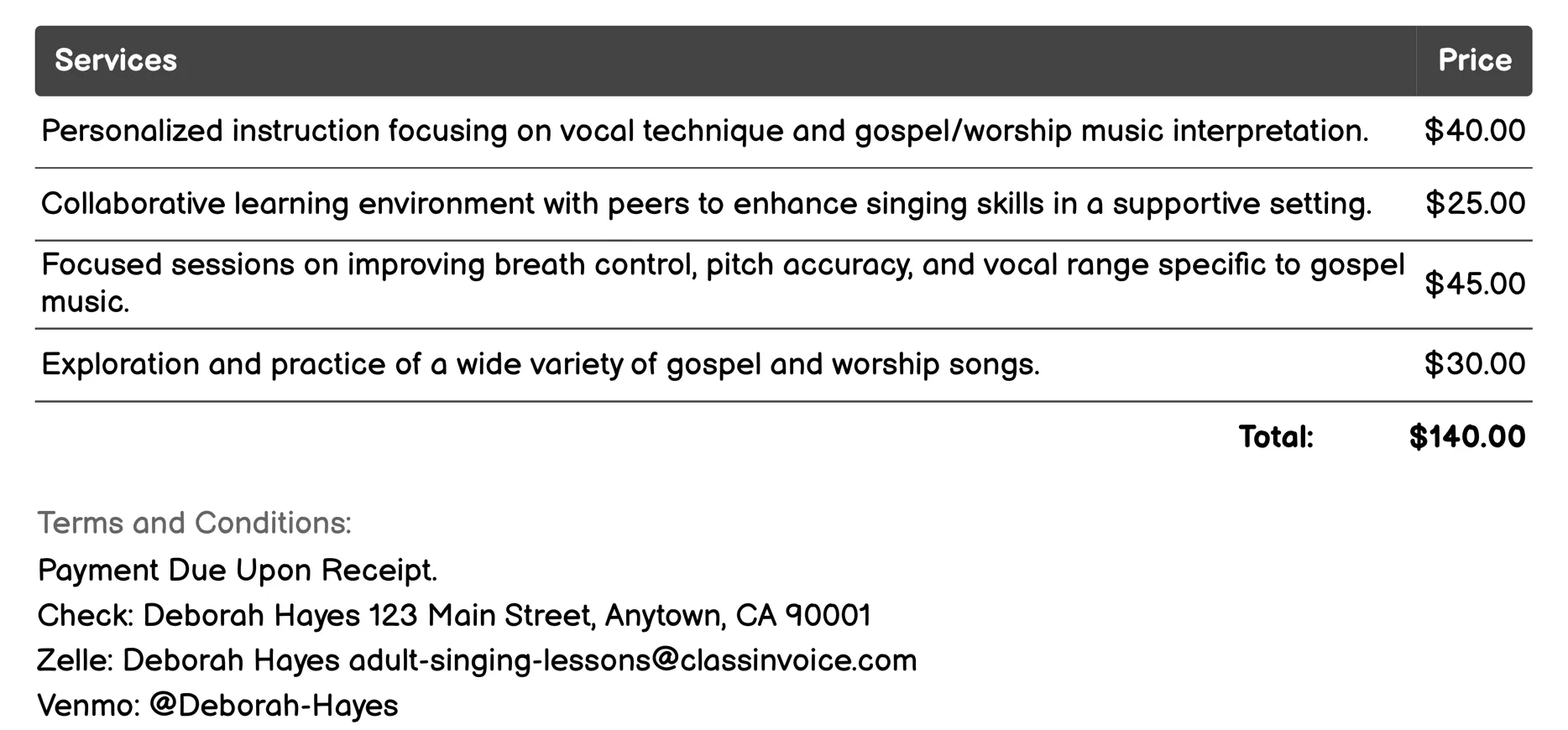 Gospel and Worship Singing Lessons Invoice Example
