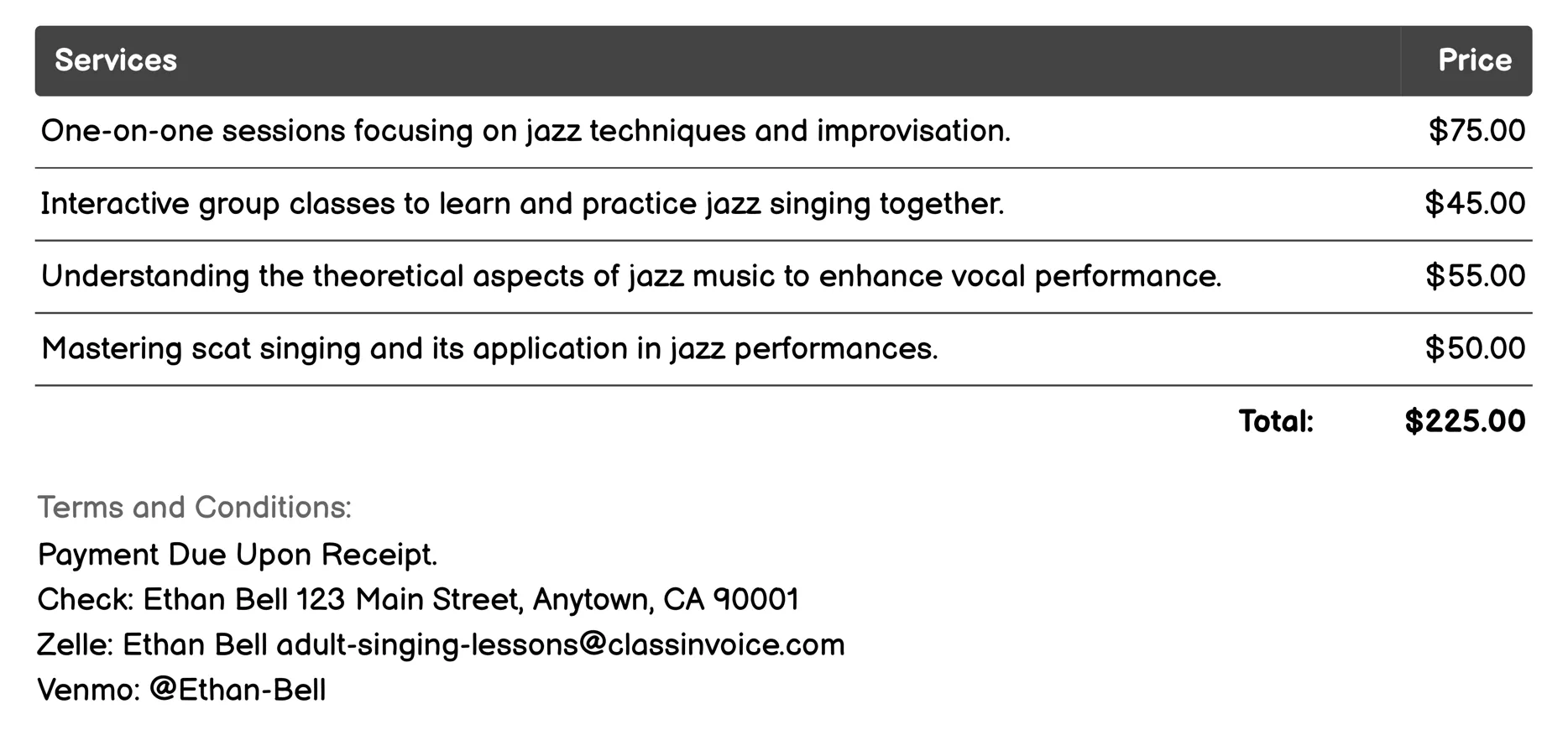 Jazz Vocal Coaching Invoice Example