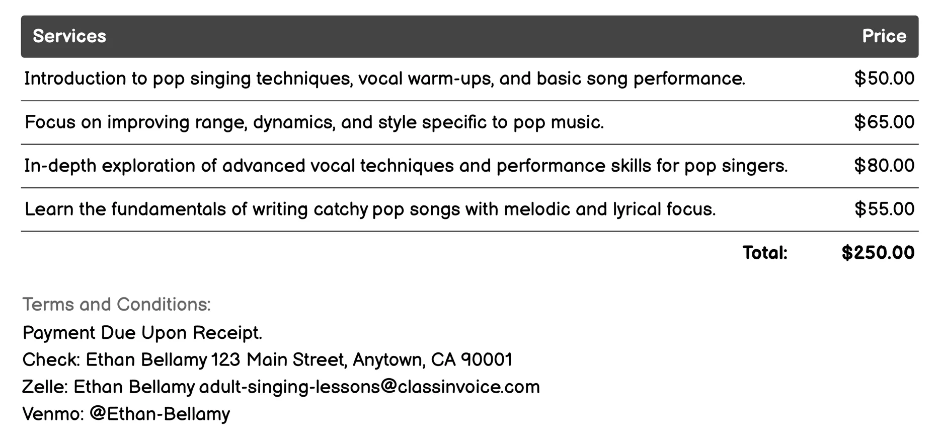 Pop Singing Lessons Invoice Example