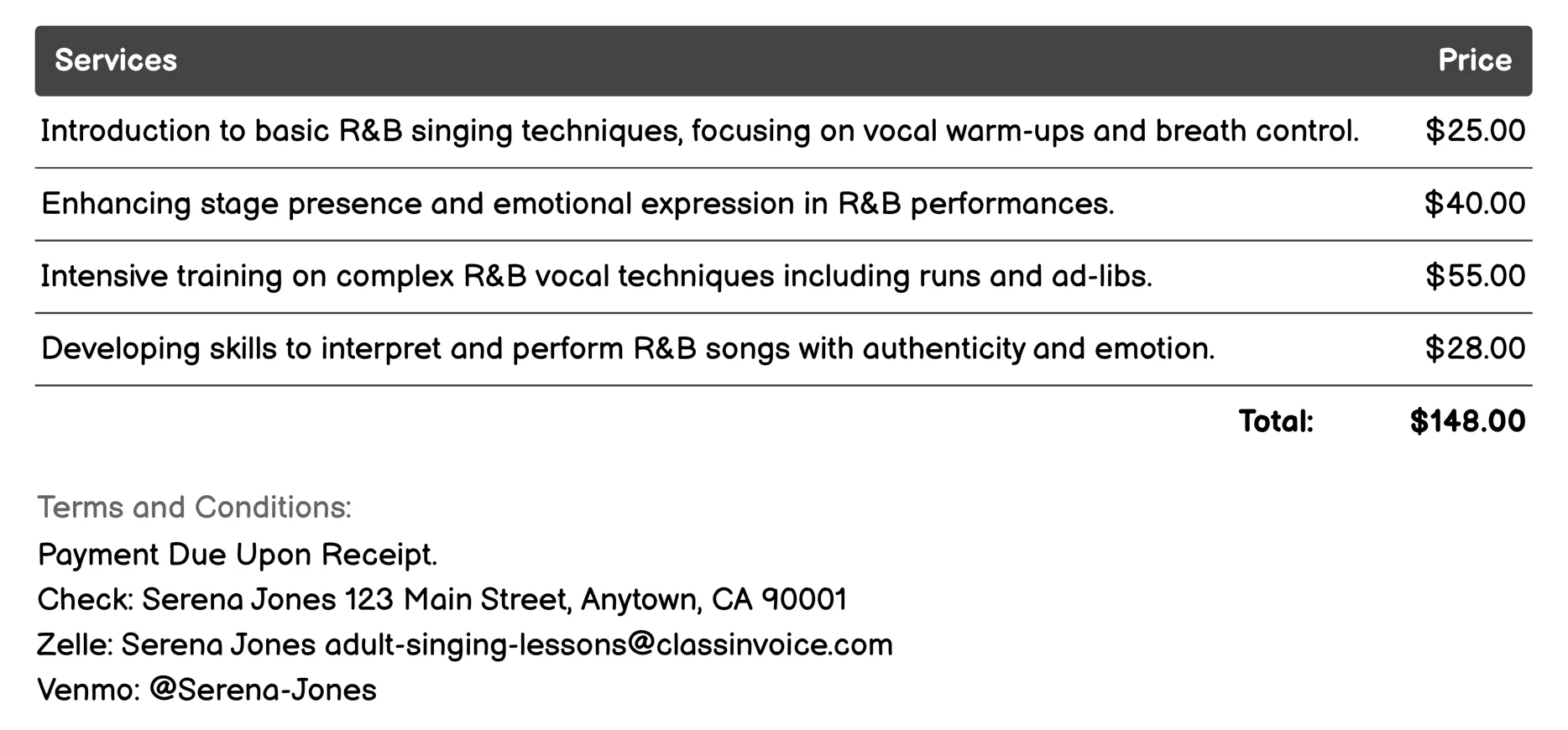 R&B Vocal Instruction Invoice Example