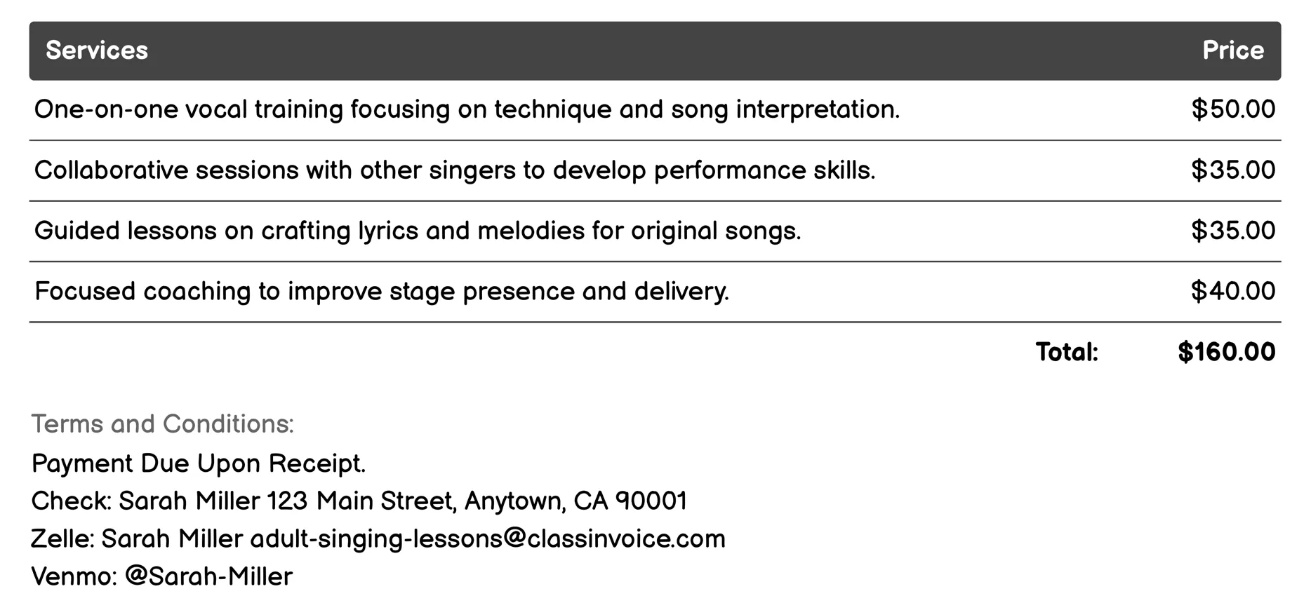 Songwriting and Performance Coaching Invoice Example
