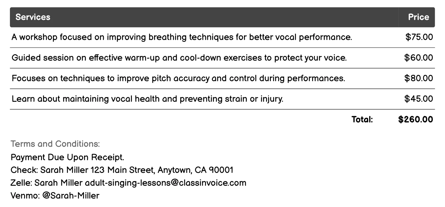 Vocal Health and Technique Workshops Invoice Example