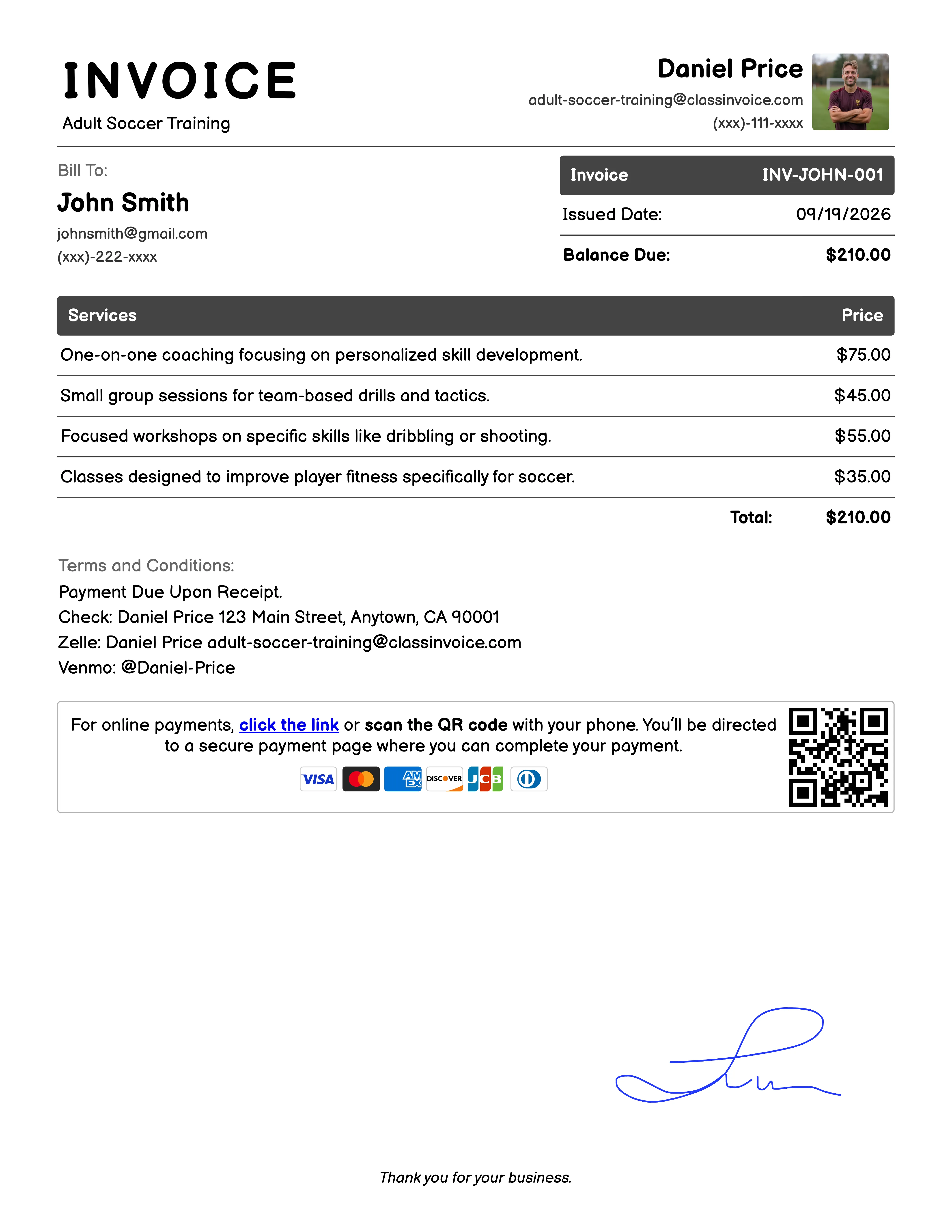 Adult Soccer Training Invoice Exampl