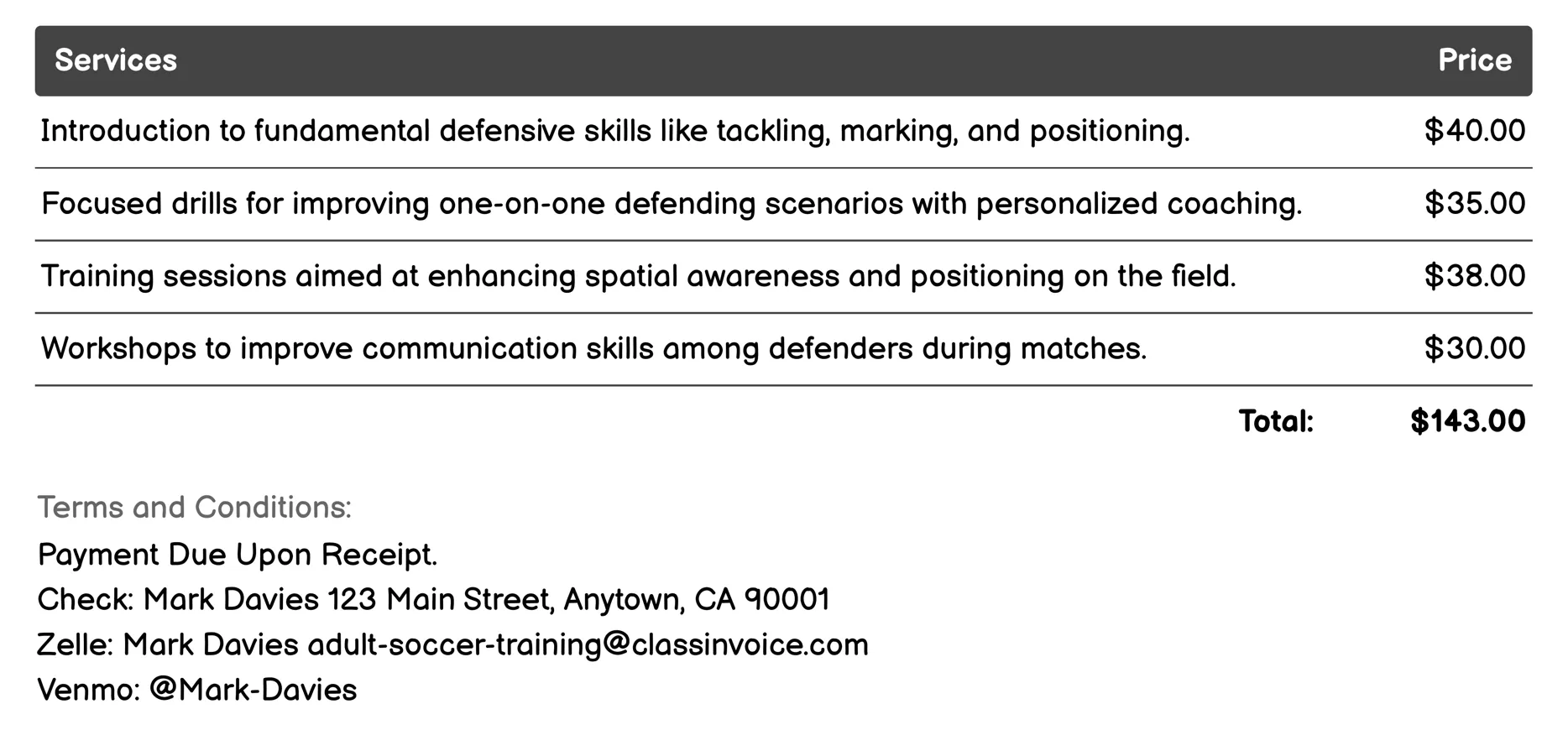 Defender Training Invoice Example