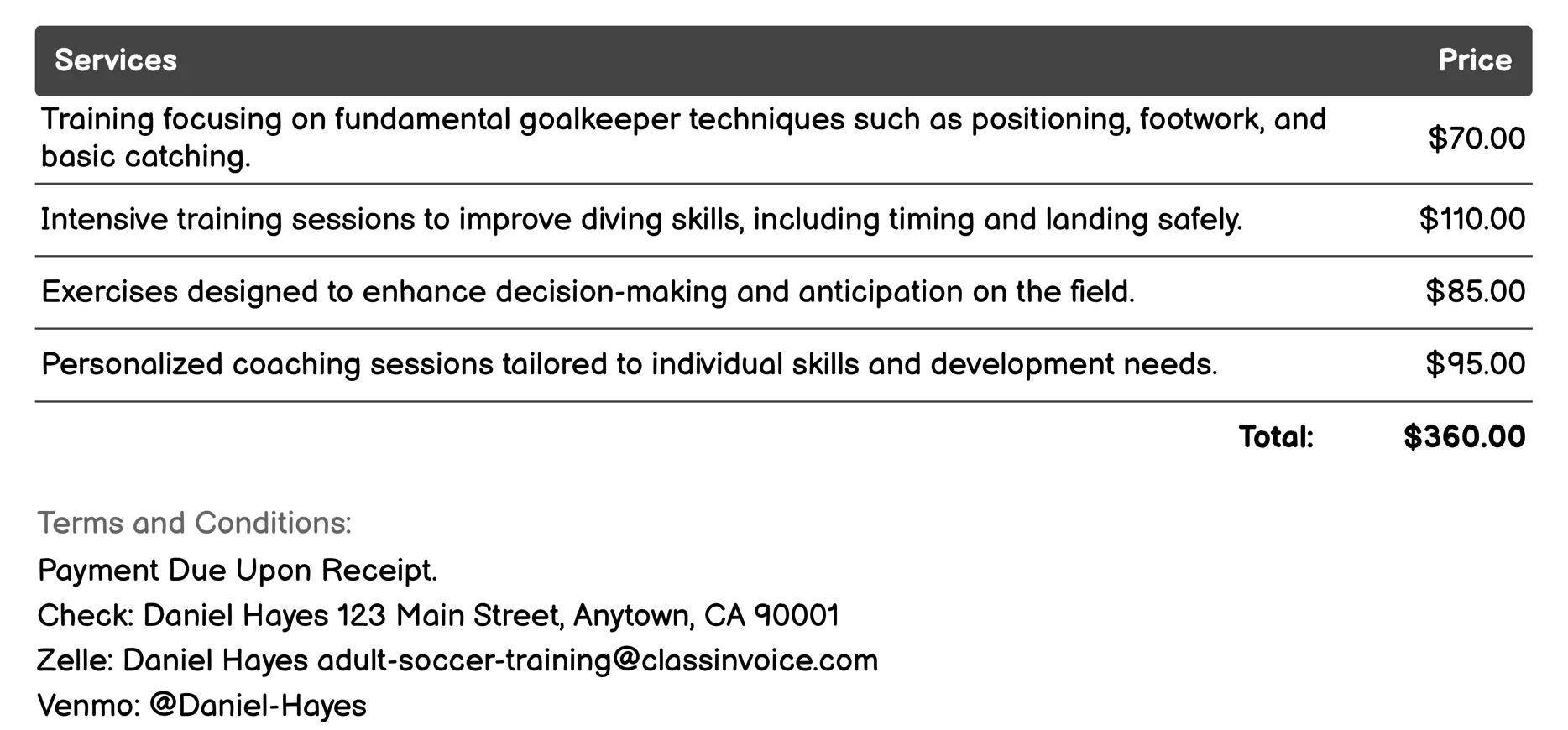 Goalkeeper Training Invoice Example