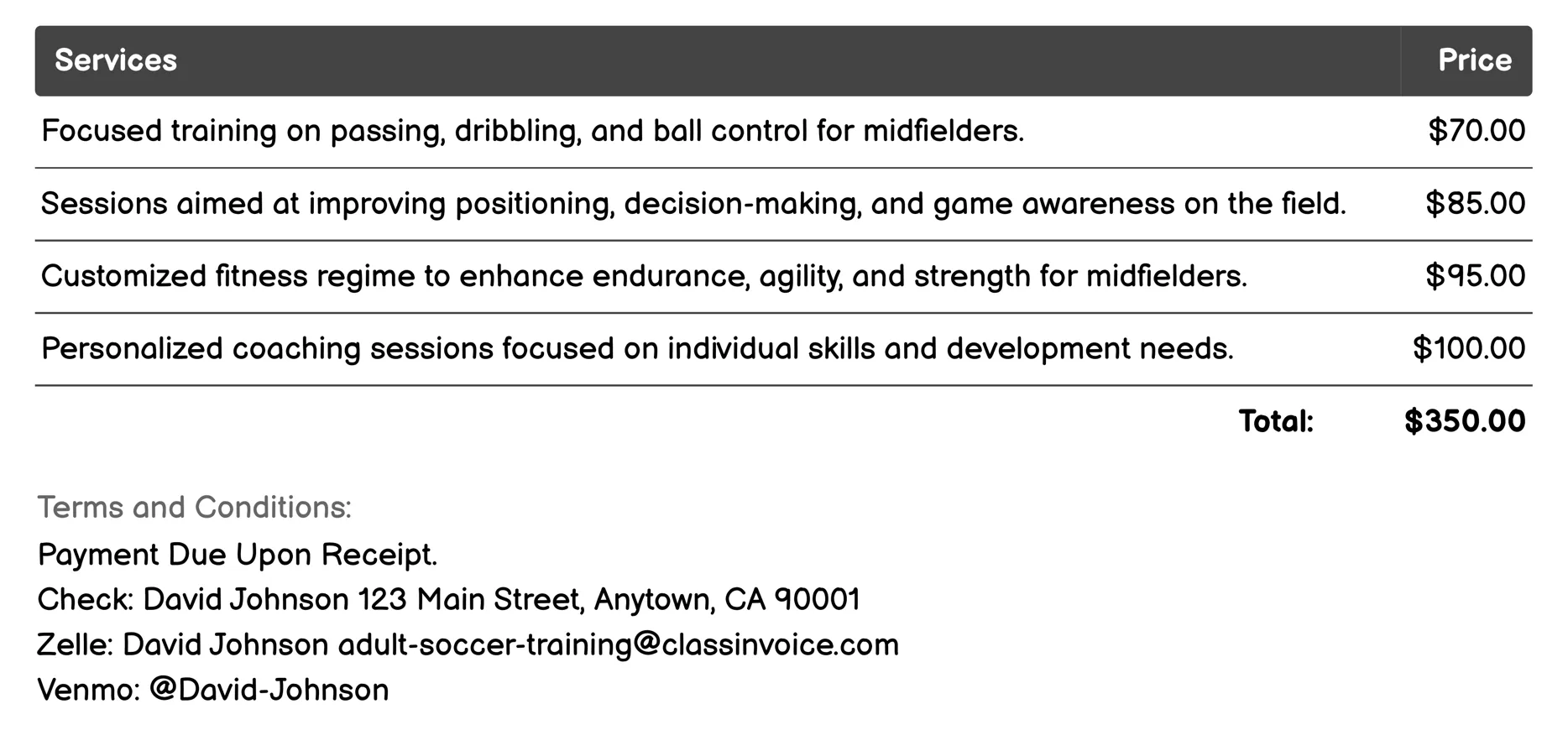 Midfielder Coaching Invoice Example