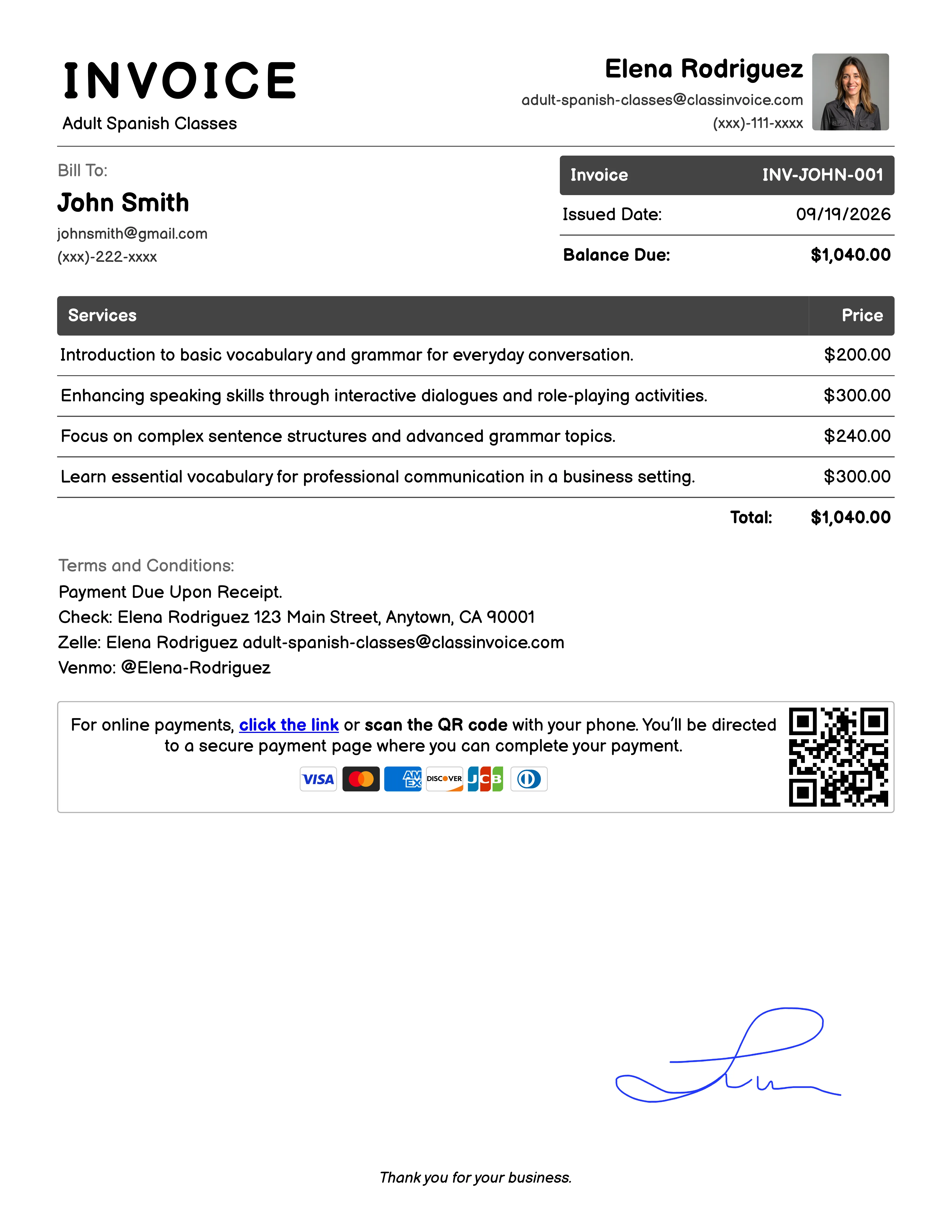 Adult Spanish Classes Invoice Exampl