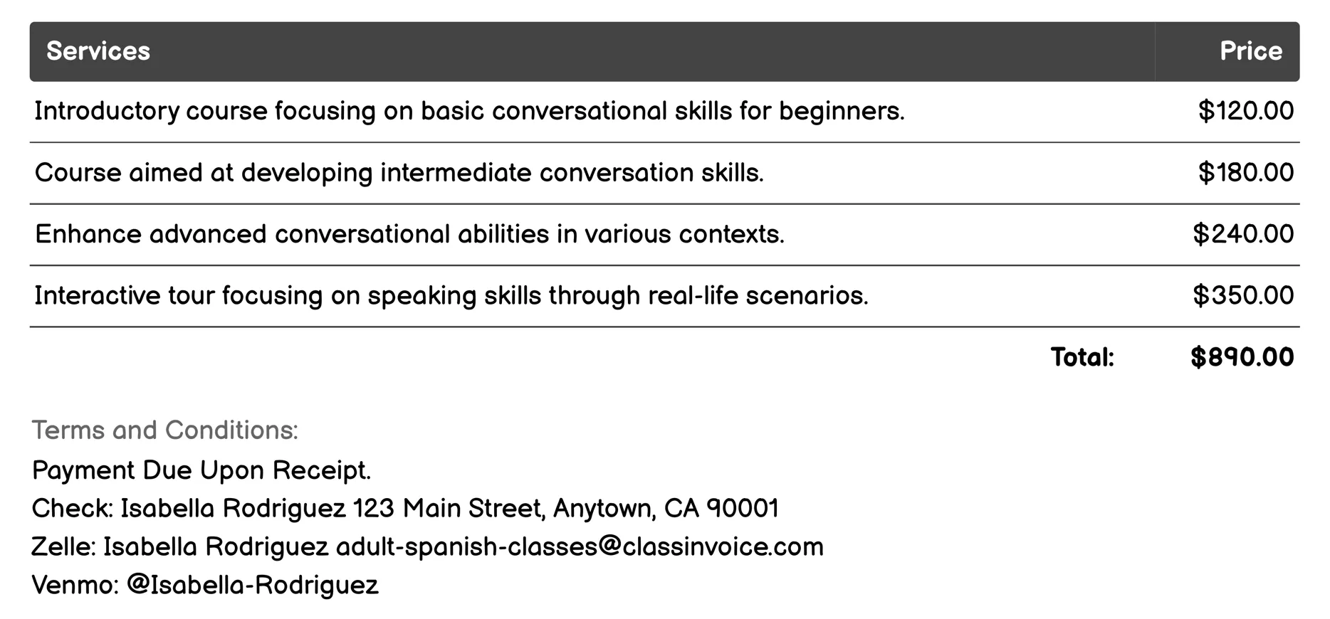 Conversational Spanish Invoice Example