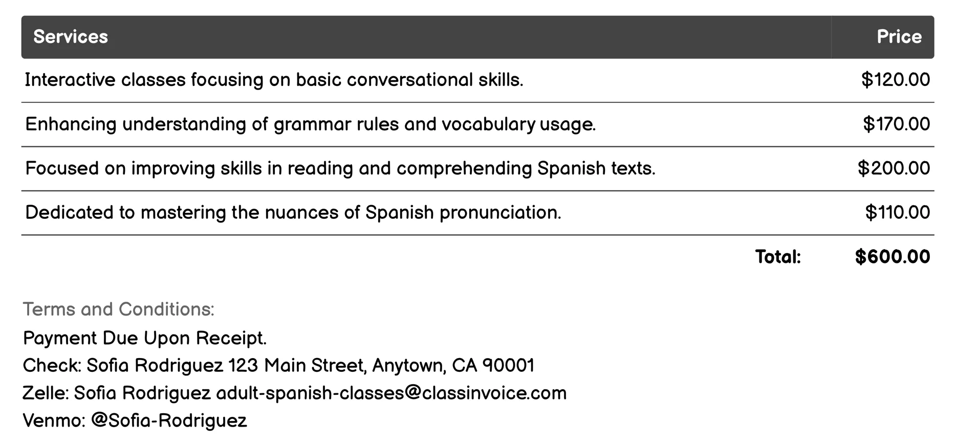 Cultural Immersion Classes Invoice Example