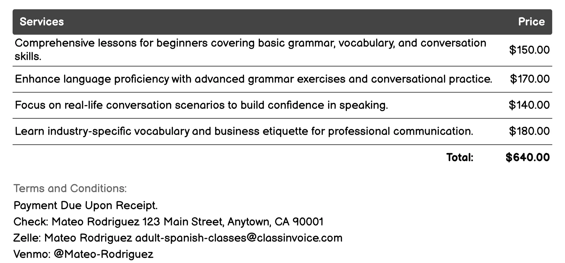 Online/Self-paced Learning Invoice Example