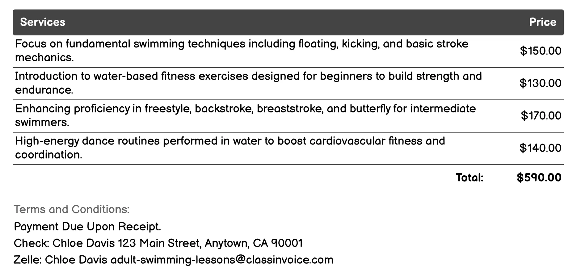 Adult Aquatic Fitness Classes Invoice Example