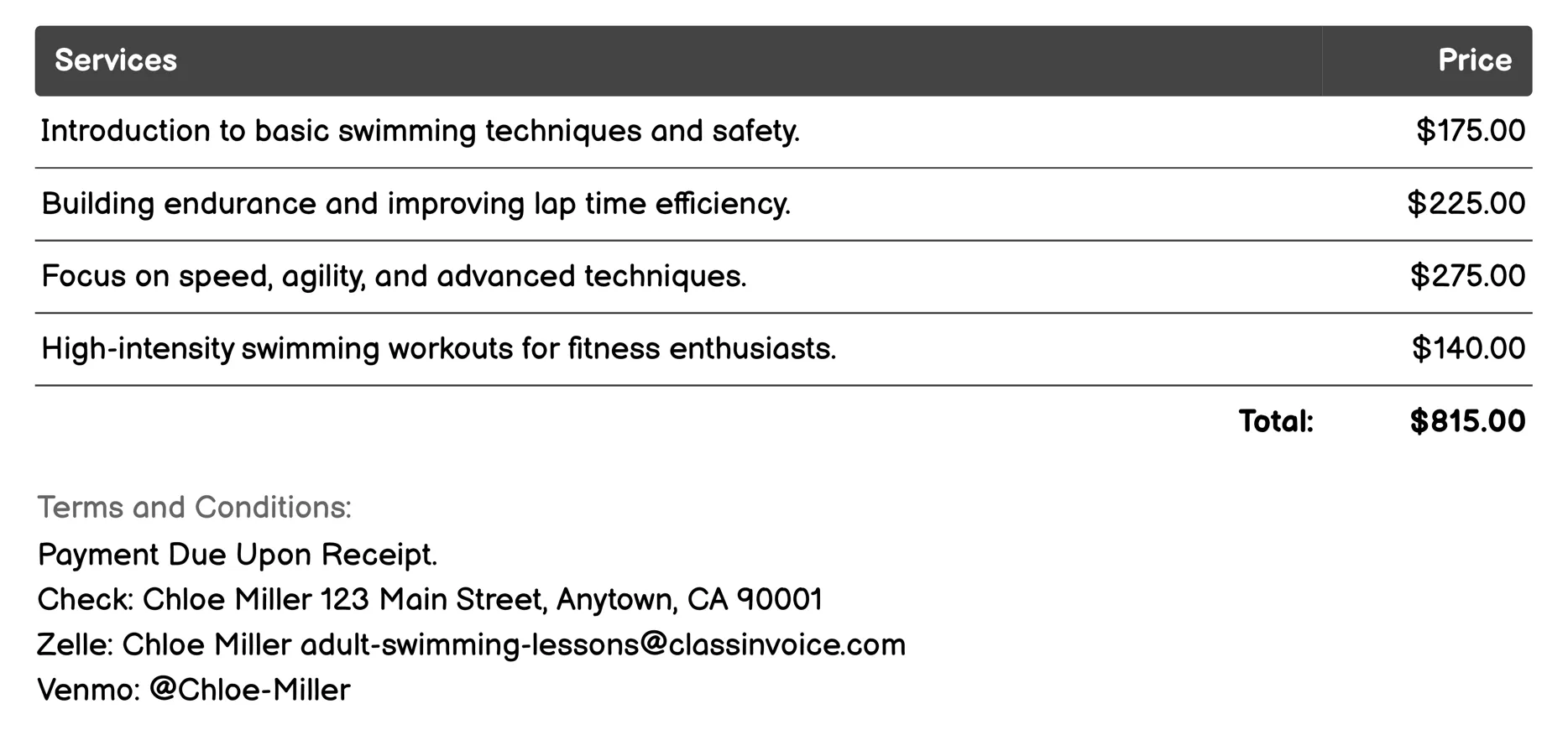 Adult Lap Swimming Lessons Invoice Example