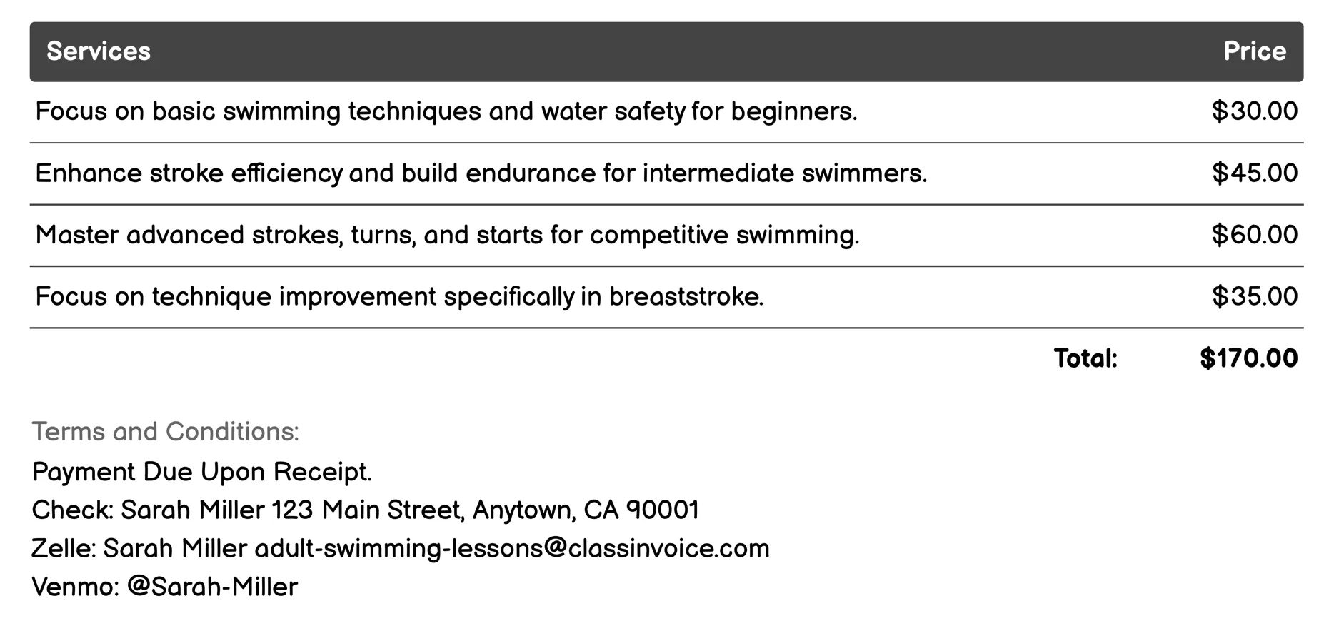 Adult Swim Team Training Invoice Example