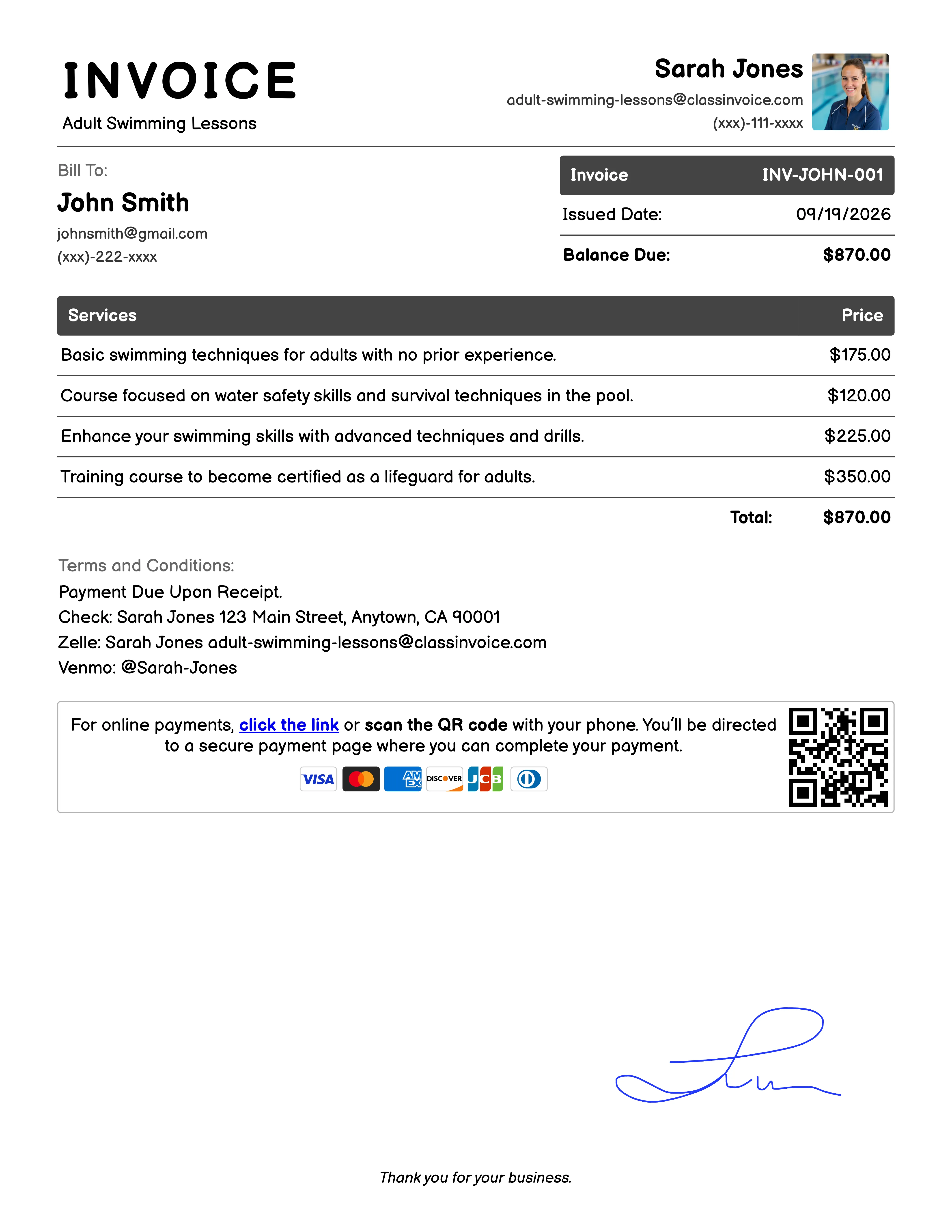 Adult Swimming Lessons Invoice Exampl