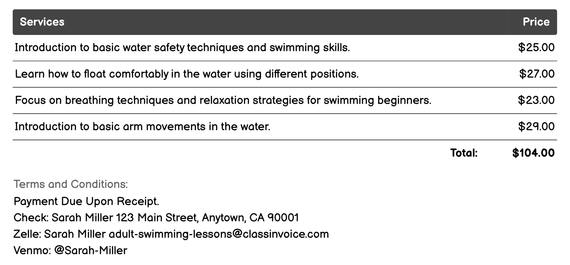 Beginner Water Safety Lessons Invoice Example