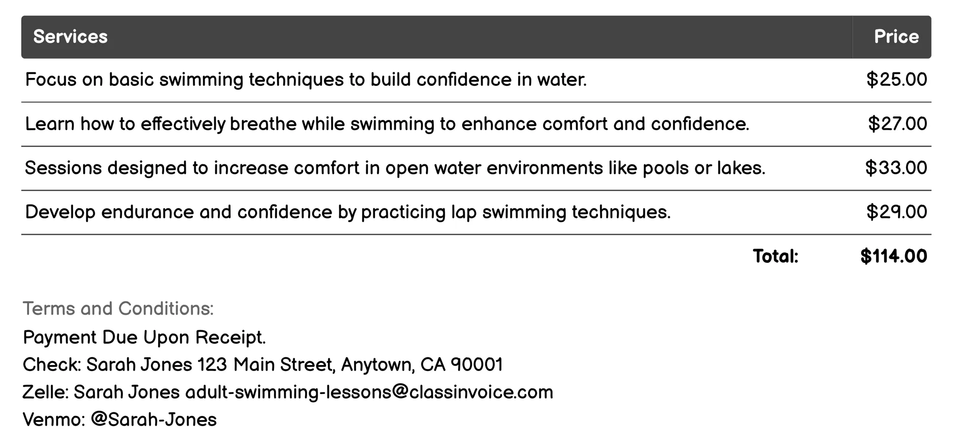 Confidence Boosting Swim Lessons Invoice Example