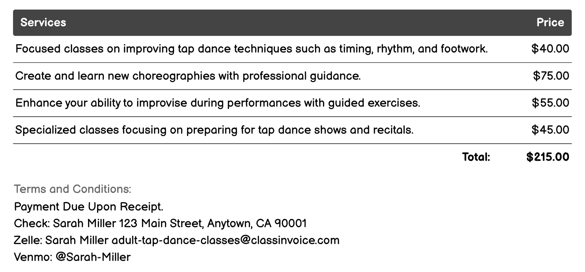 Intermediate Adult Classes Invoice Example