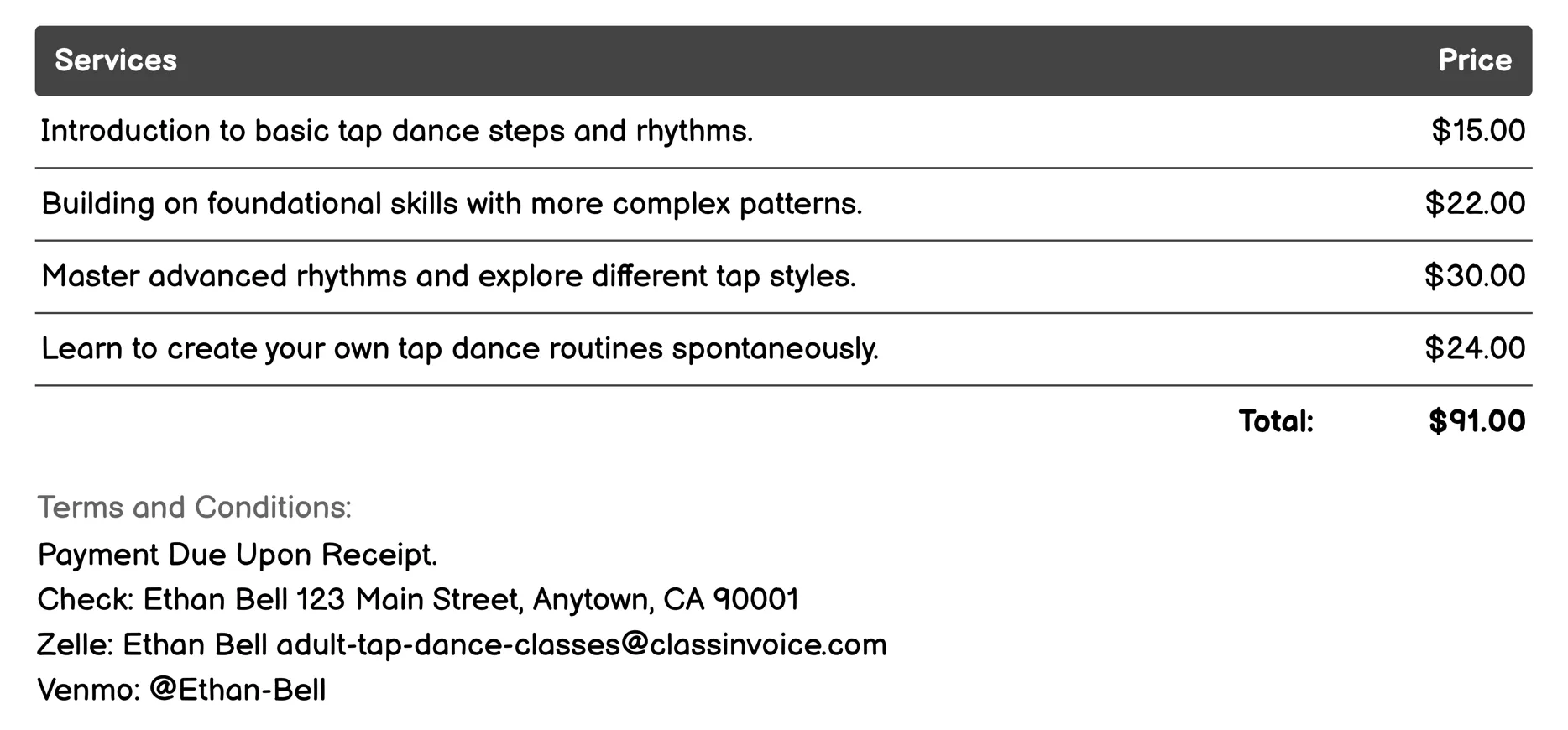 Online Streaming Classes Invoice Example