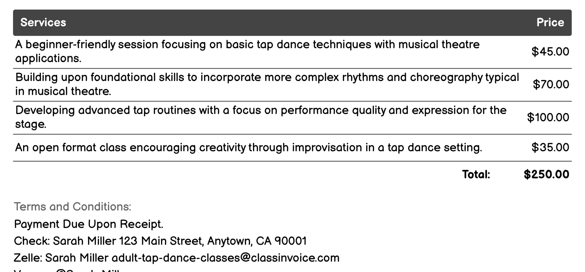Specialty Classes (e.g., Musical Theatre Tap) Invoice Example