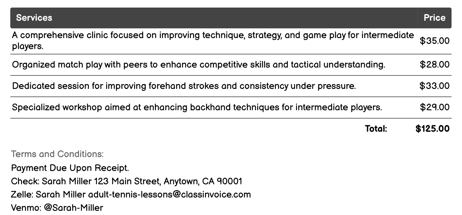Intermediate Group Classes Invoice Example
