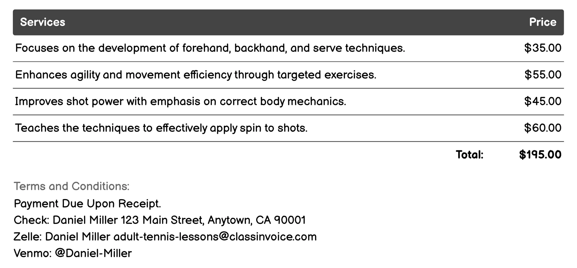 On-Court Skill Development Invoice Example