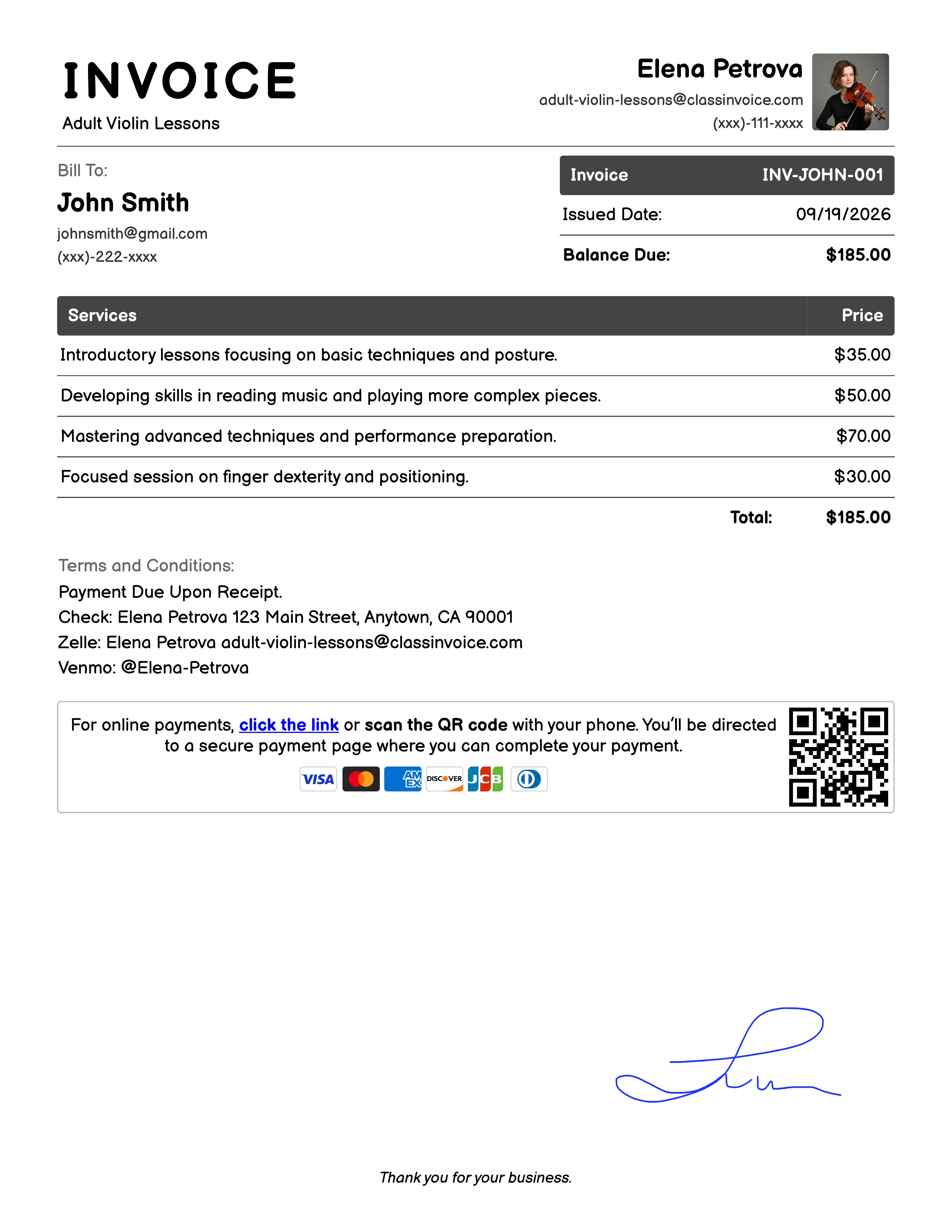 Adult Violin Lessons Invoice Exampl