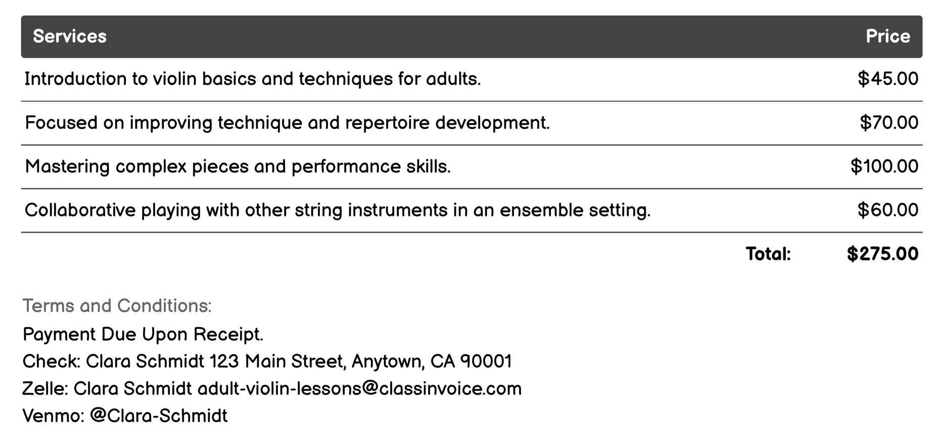 Group Classes Invoice Example