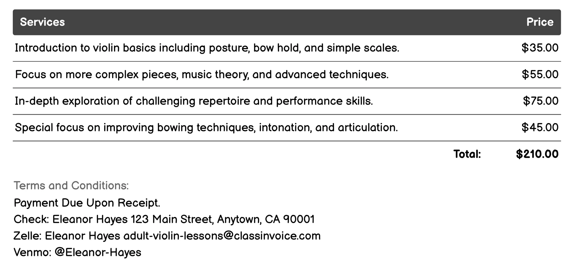 Private One-on-One Lessons Invoice Example