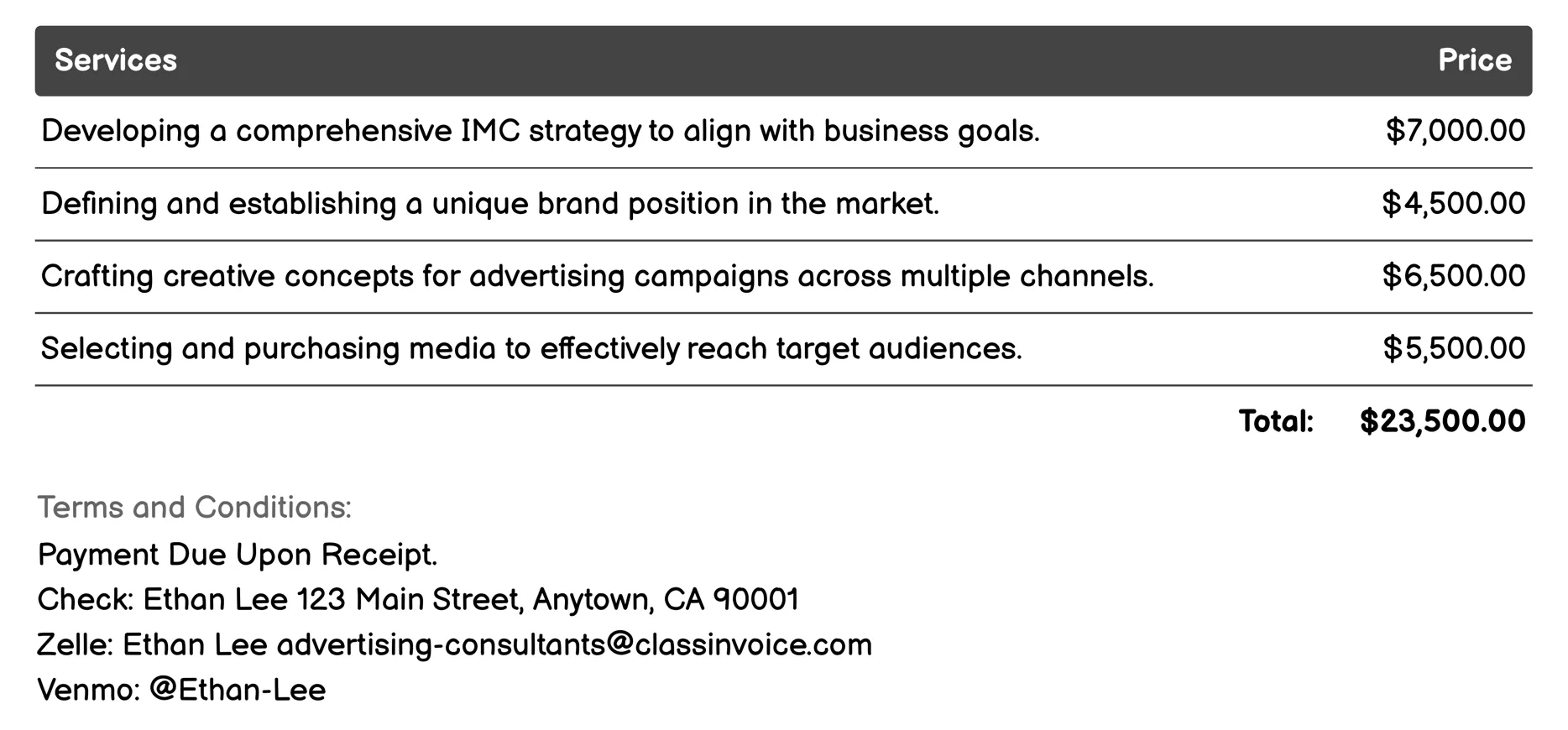 Integrated Marketing Communications (IMC) Invoice Example