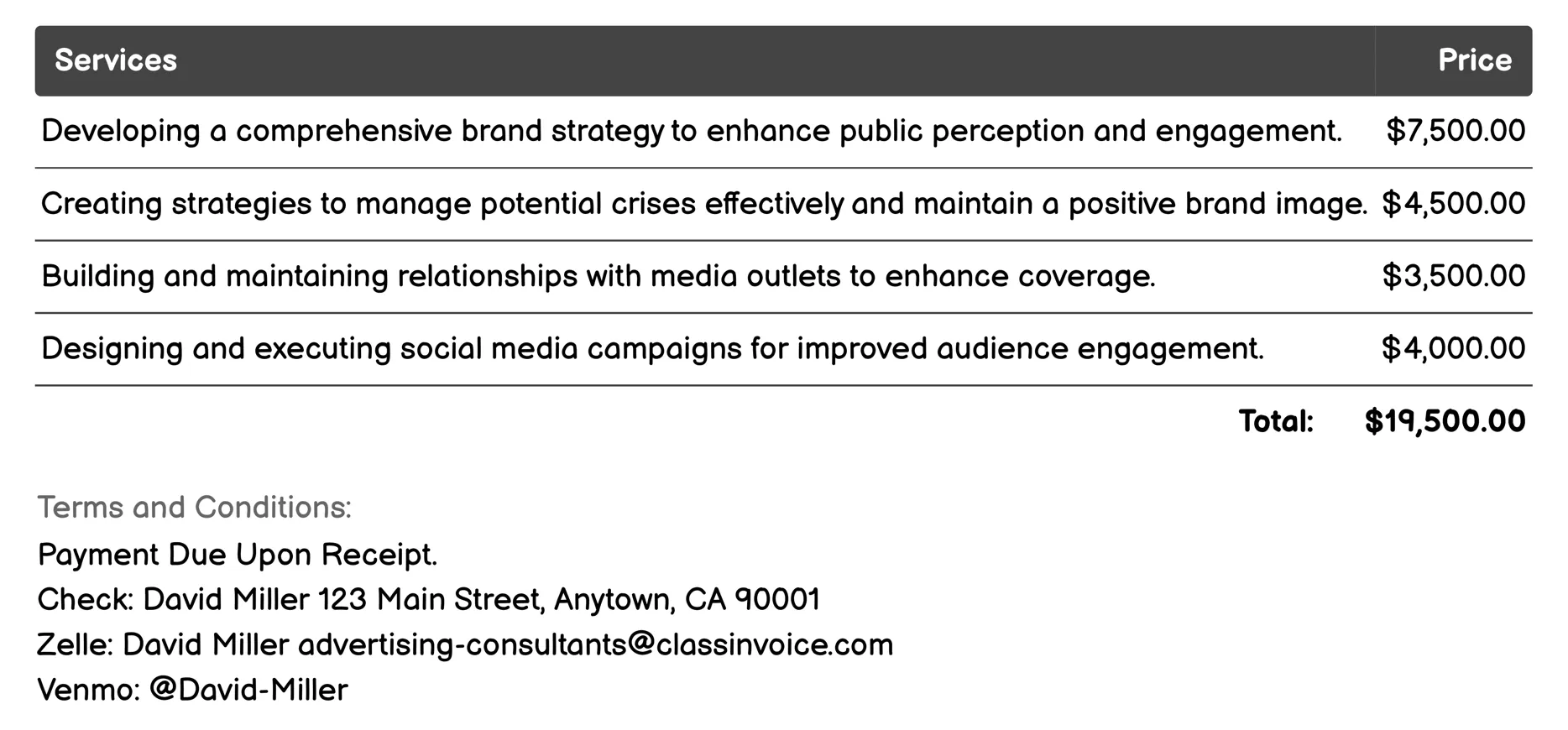 Public Relations Services Invoice Example