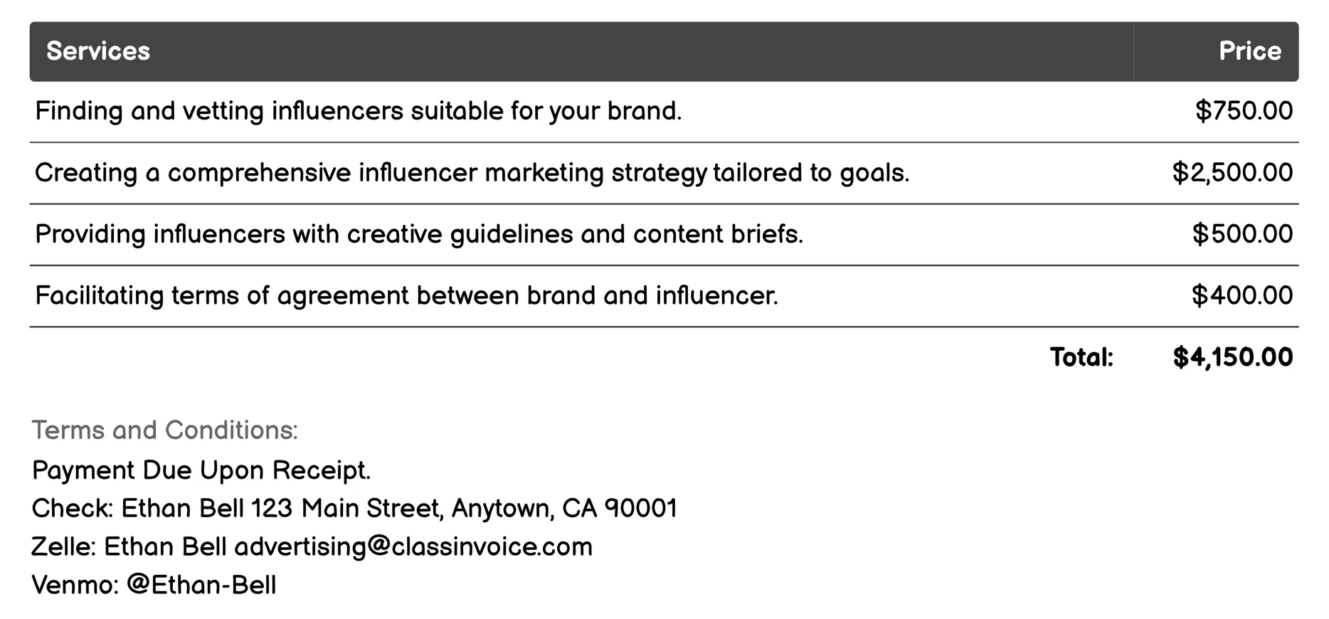 Influencer Marketing Invoice Example