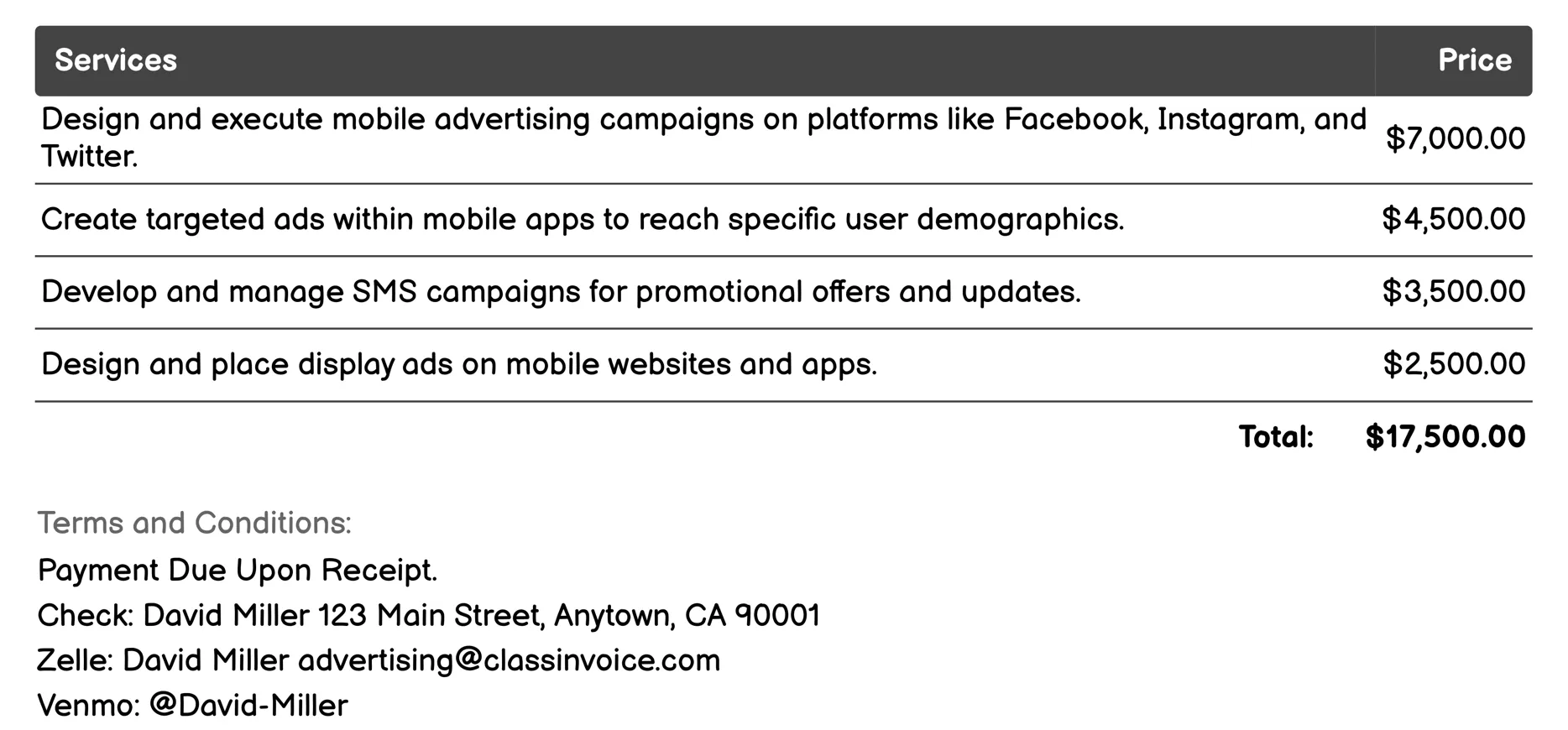 Mobile Advertising Invoice Example