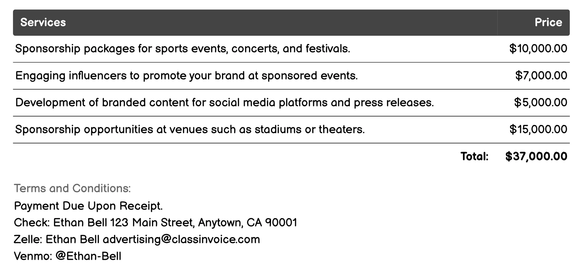 Sponsorship Advertising Invoice Example